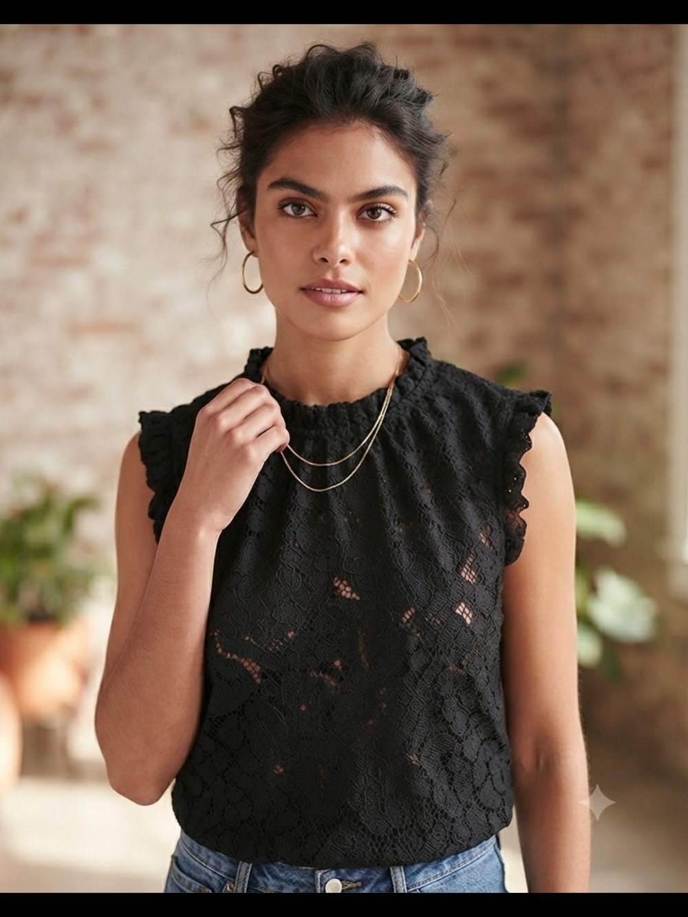 Nanette Lepore Black Lace Ruffled Cap-Sleeve Shell